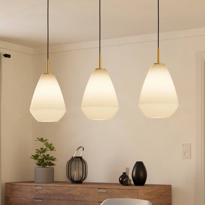 Závesná lampa Caprarola, dĺžka 90 cm, piesková farba, 3 svetlá, sklo 1