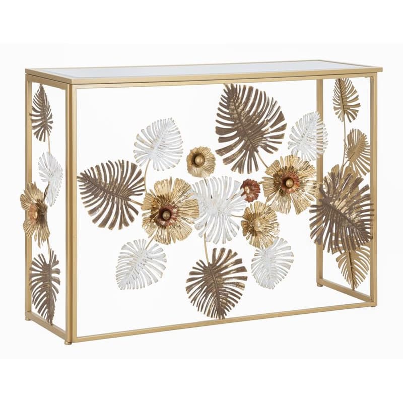 Estila Dizajnový glamour zlatý konzolový stolík Floral s obdĺžnikovou zrkadlovou doskou a kovovou podstavou s florálnym zdobením 114 cm 1
