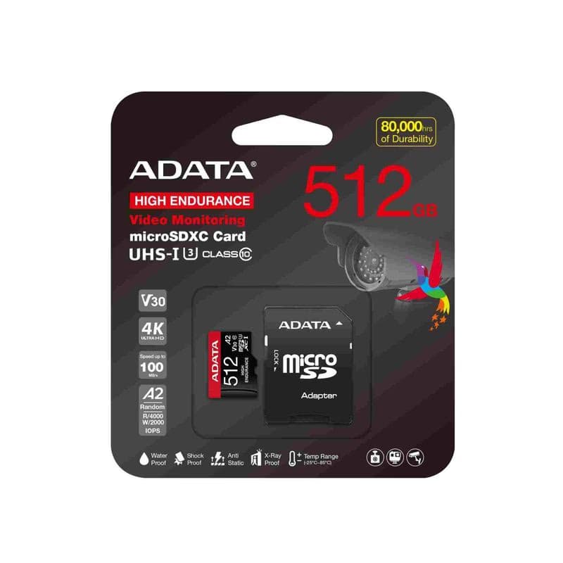 ADATA MicroSDXC karta 512GB High Endurance UHS-I C10 V30 A2 (R: 100/W: 85 MB/s) + SD adaptér 3