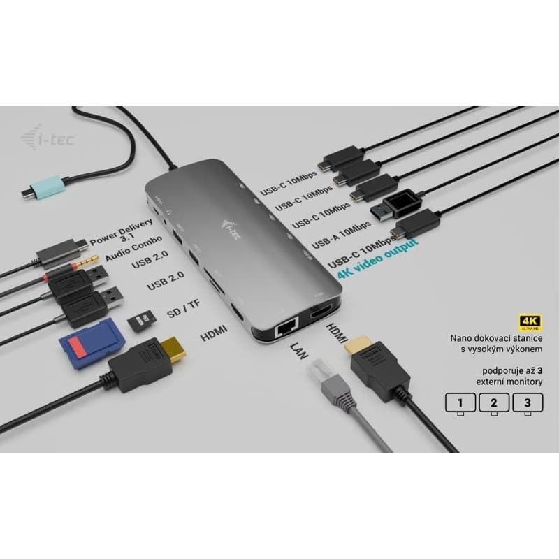 i-tec USB-C Metal Nano 3x Display Dock, 2x HDMI 1x USB-C video, Power Delivery 140W 6