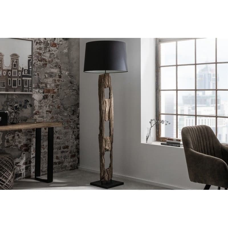 Estila Etno stojaca lampa Adelise s drevenou podstavou a čiernym tienidlom 177cm 1
