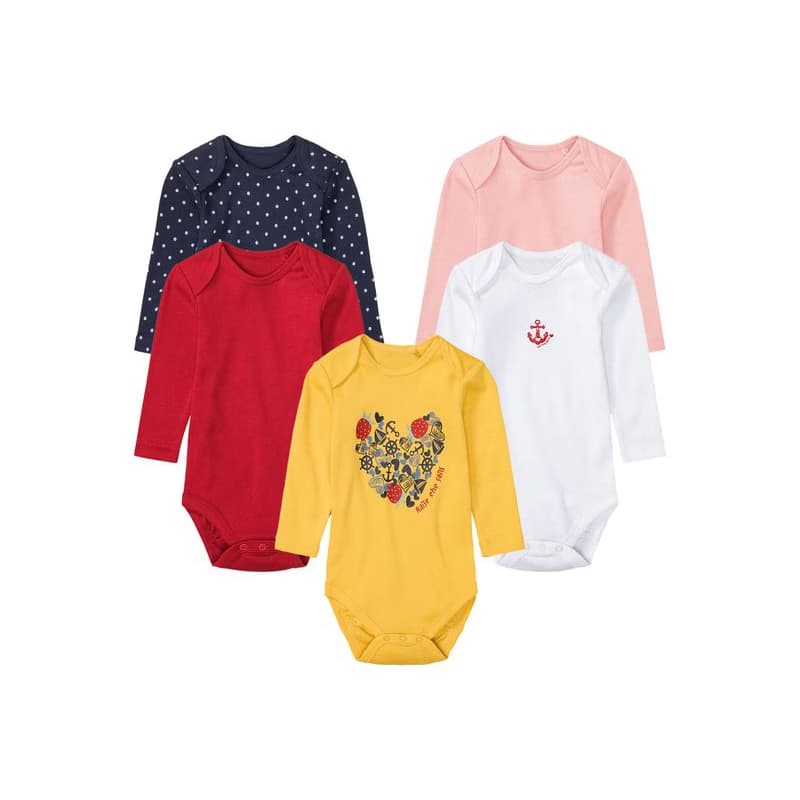 lupilu® Detské body pre bábätká s dlhým rukávom, 5 kusov (50/56, biela/žltá/červená/ružová/modrá)