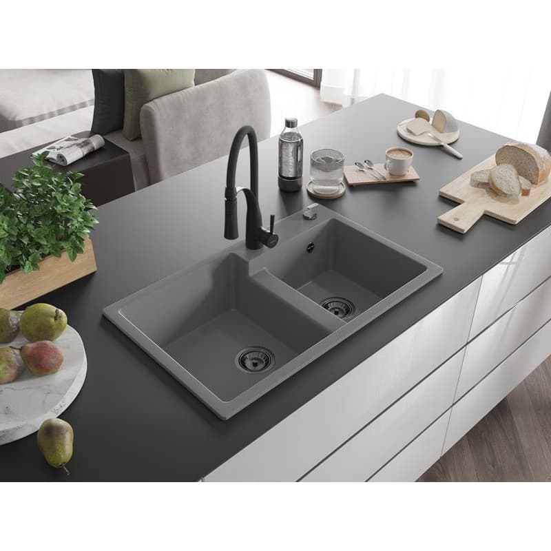 MEXEN/S MEXEN/S - Tomas granitový drez 2-bowl vrátane batérie Aster, šedá 6516-71-73450-70-B 2