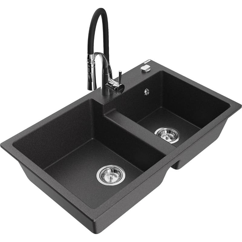 MEXEN/S MEXEN/S - Tomas granitový drez 2-bowl vrátane batérie Aster, čierna kropenatá 6516-76-73450-07