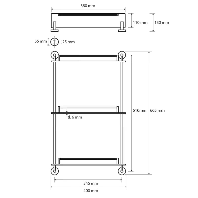 SAPHO XR608 X-Round E sklenená polička trojitá s hrazdou 38 x 67,5 x 13 cm 2