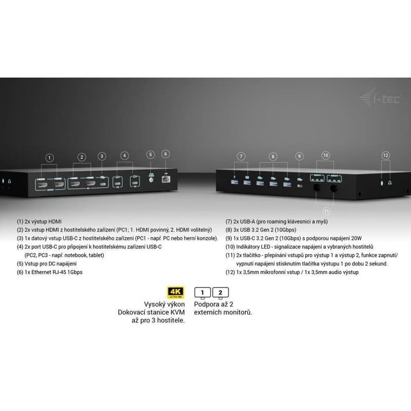 i-tec USB-C KVM Docking station pre 3 Hosts, Dual Display, Power Delivery 1x 92W/2x 65W 4