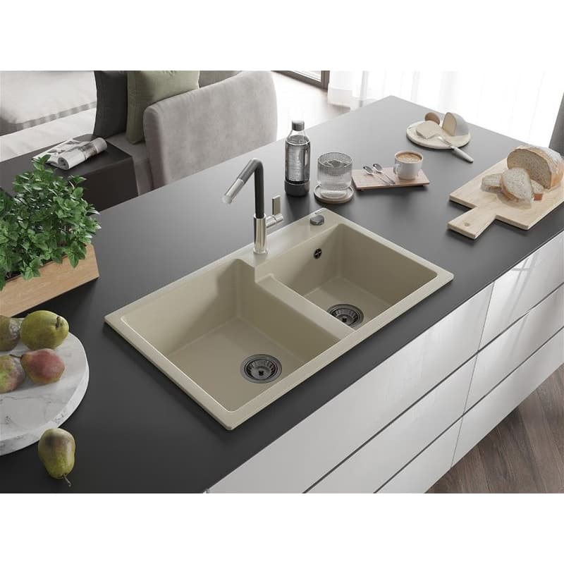 MEXEN/S MEXEN/S - Tomas granitový drez 2-bowl vrátane batérie Flora, béžová 6516-69-670401-07-B 2