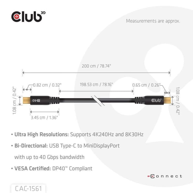 Club3D Kábel USB-C na MiniDisplayPort 2.1, 8K30Hz, DSC1.2, UHBR10, 2m 3