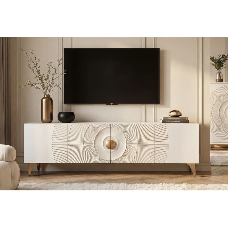 Estila Dizajnový etno biely TV stolík Cumbria so štyrmi dvierkami so zlatými detailmi a reliéfom s motívom lúčov 180 cm