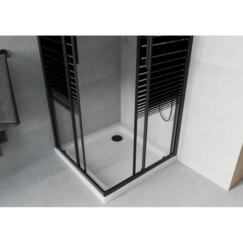 MEXEN/S - Rio sprchovací kút štvorec 80x80, pruhy, čierna + biela vanička so sifónom 860-080-080-70-20-4010B 4