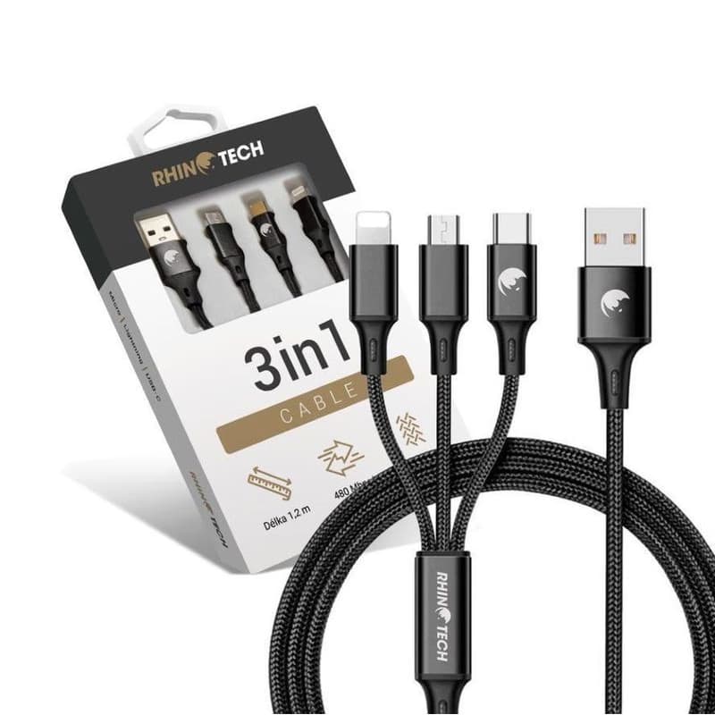 RhinoTech nabíjací a dátový kábel 3v1 USB-A (MicroUSB + Lightning + USB-C) 1, 2m čierna 2