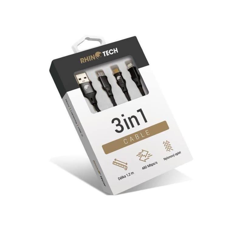 RhinoTech nabíjací a dátový kábel 3v1 USB-A (MicroUSB + Lightning + USB-C) 1, 2m čierna 3