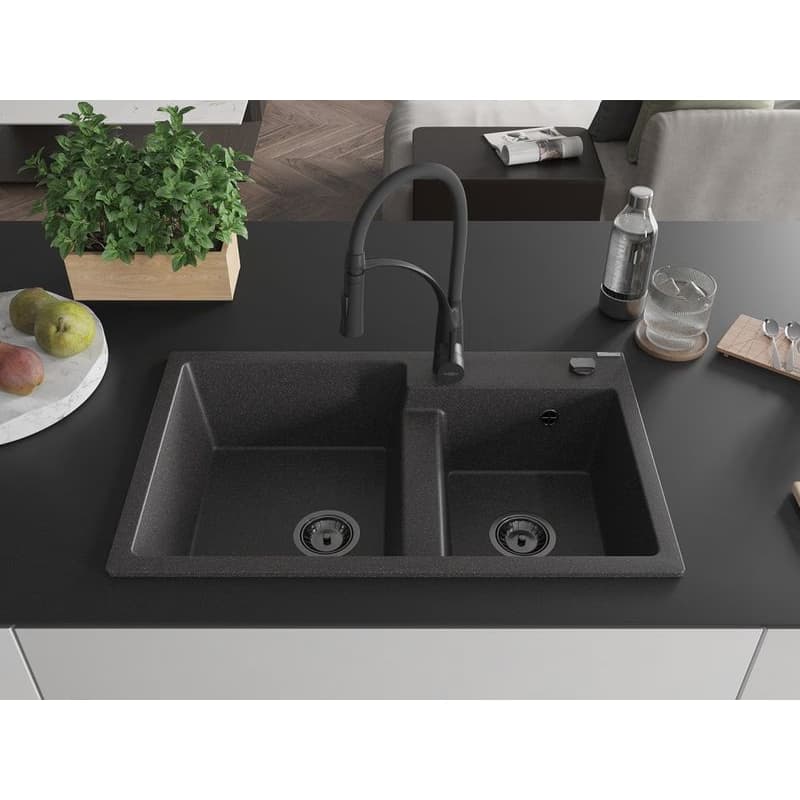 MEXEN/S MEXEN/S - Tomas granitový drez 2-bowl vrátane batérie Aster, čierna kropenatá 6516-76-73450-70-B 3