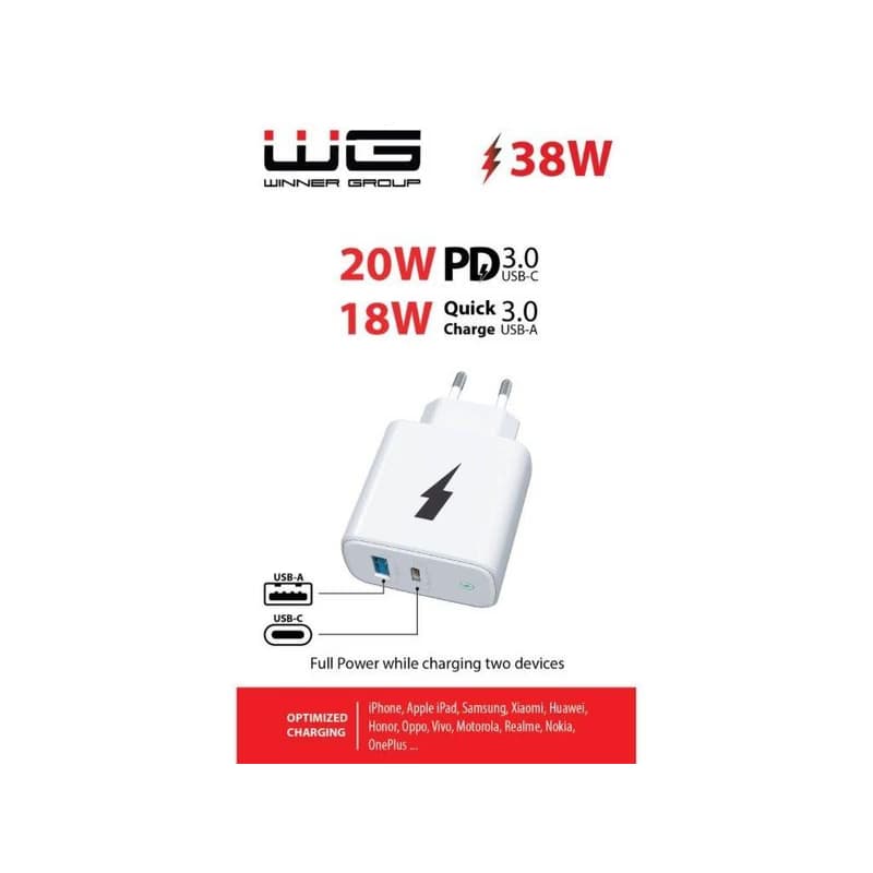 WG - Sieťová nabíjačka 2x USB 38W, 1x USB-C PD 20W + 1x USB-A QC 3.0 18W, biela 2