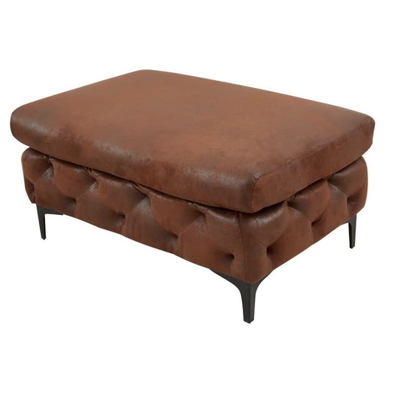 Estila Chesterfield obdĺžniková hnedá kožená čalúnená prešívaná taburetka Modern Barock s čiernymi kovovými matnými nožičkami 90 cm