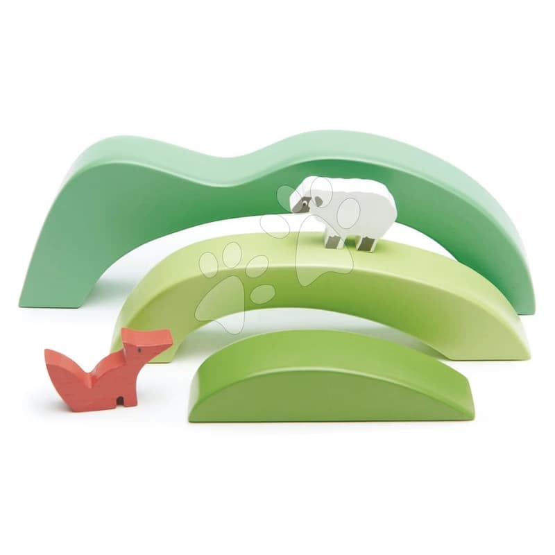 Drevené kopce a dolinky Green Hills View Tender Leaf Toys s troma vlnkami a ovečka s líškou