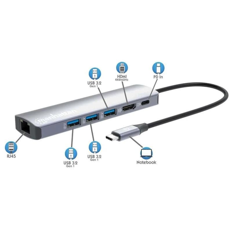 MANHATTAN Dokovacia stanica USB-C 6v1, 1xHDMI, 1xUSB-C, 3xUSB, 1xRJ45, sivá 5