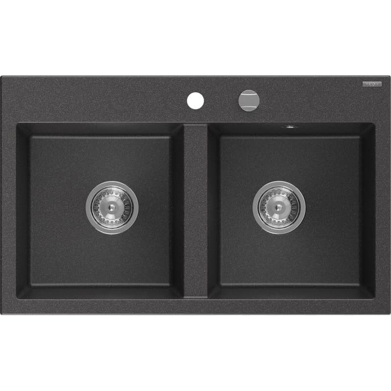 MEXEN MEXEN - Hektor granitový drez 2-bowl 800 x 480 mm, čierna kropenatá, sifón chróm 6521802000-76