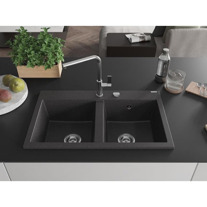 MEXEN MEXEN - Hektor granitový drez 2-bowl 800 x 480 mm, čierna kropenatá, sifón chróm 6521802000-76 3