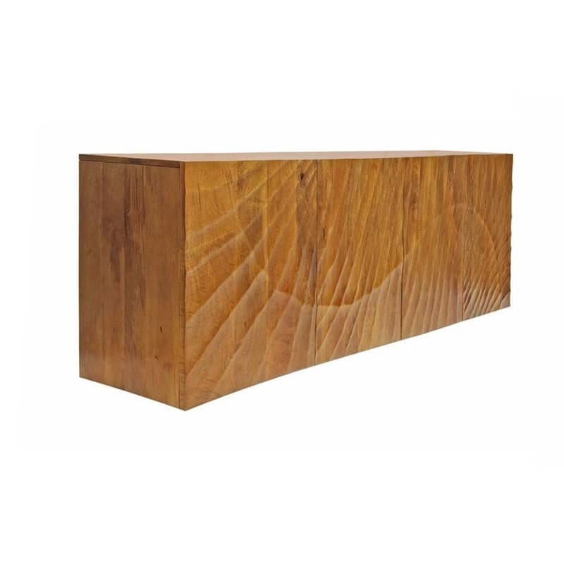 Estila Art deco masívny nástenný príborník Cumbria z mangového dreva s reliéfnym vyrezávaním v tvare lúčov a štyrmi dvierkami 177 cm 1