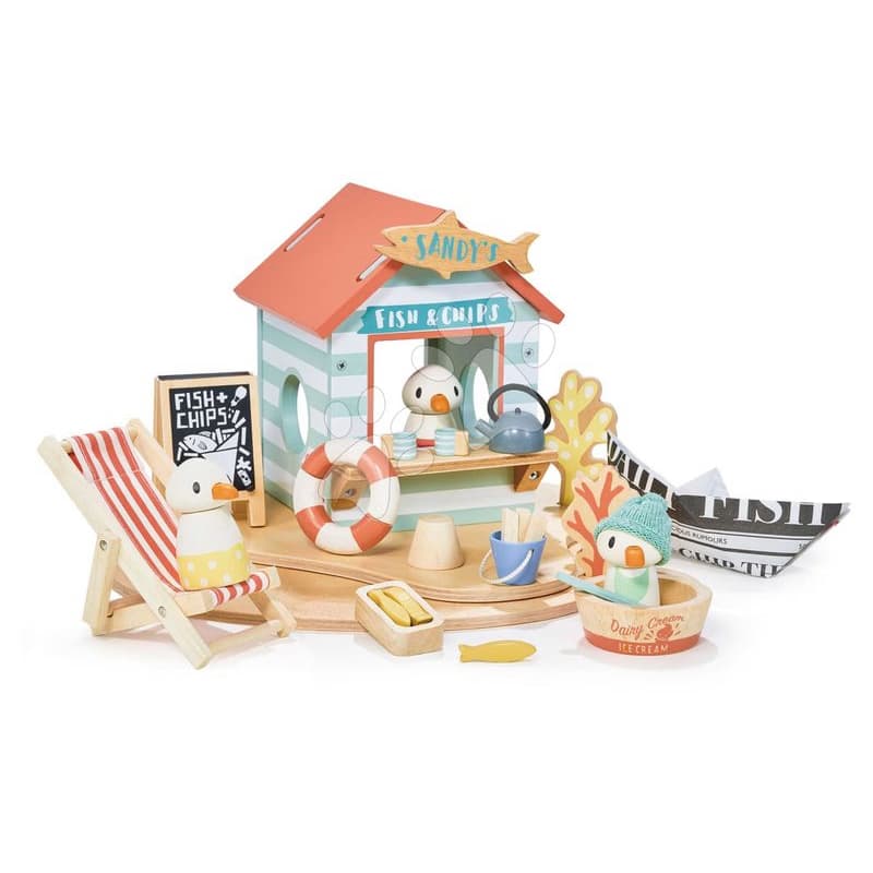 Drevený stánok s občerstvením na pláži Sandy´s Beach Hut Tender Leaf Toys s lehátkom a 3 figúrky čajok 1