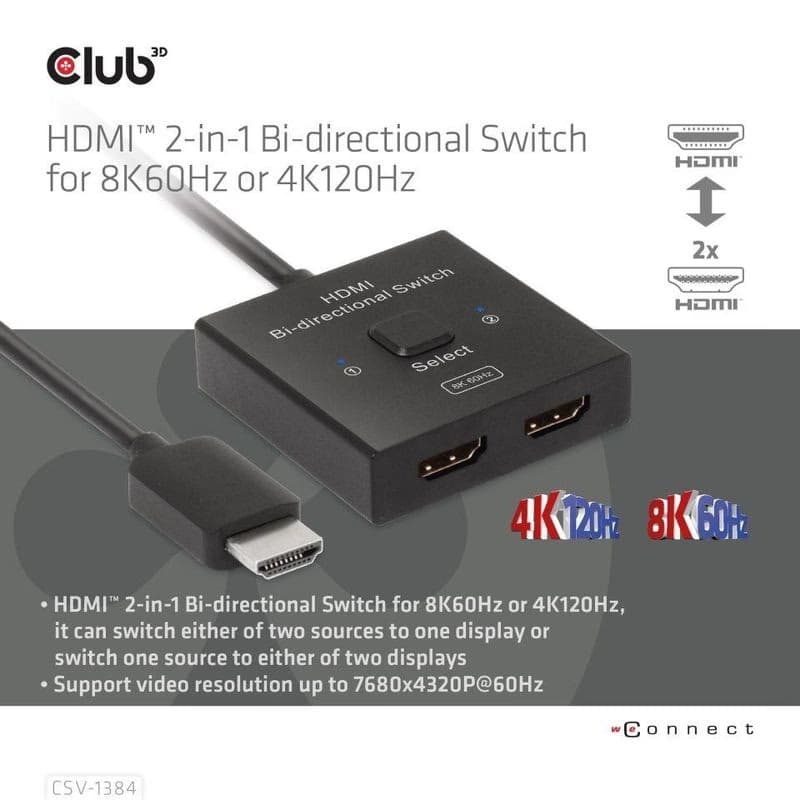 Club3D Switch, HDMI na 2xHDMI Obojstranný 2v1, 8K60Hz, 4K120Hz 2