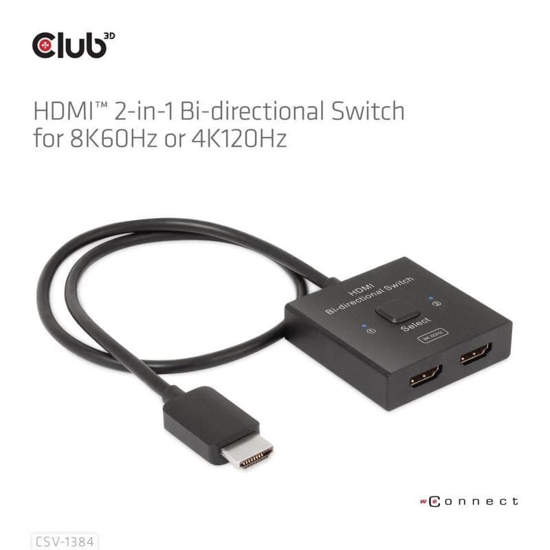 Club3D Switch, HDMI na 2xHDMI Obojstranný 2v1, 8K60Hz, 4K120Hz 3