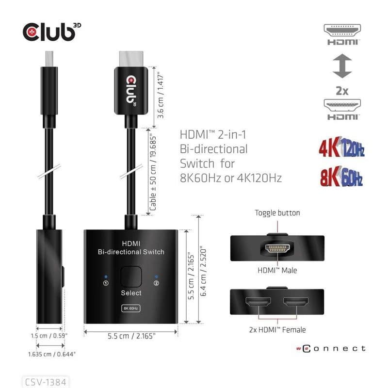 Club3D Switch, HDMI na 2xHDMI Obojstranný 2v1, 8K60Hz, 4K120Hz 4