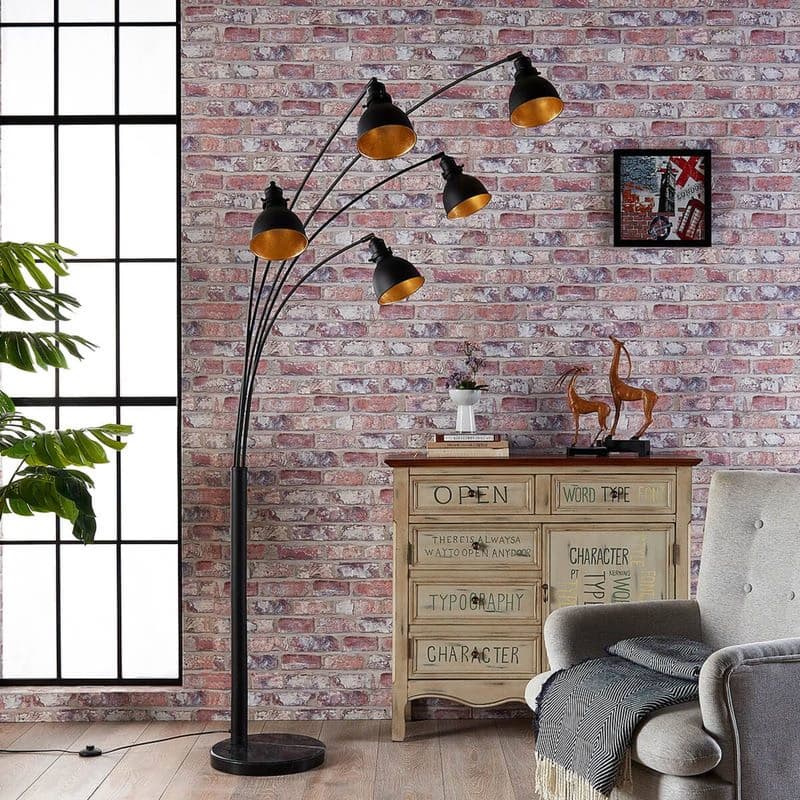 Stojacia lampa Lindby Lira, 5 svetiel, výška 205 cm, čierna, zlatá