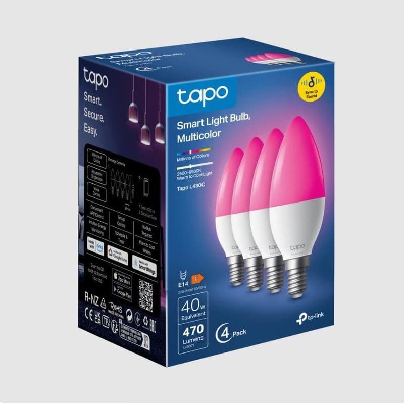 TP-Link Tapo L430C(4-pack) múdra WiFi stmievateľná LED žiarovka (farebná, 2500K-6500K, 470lm, 2, 4GHz, E14) 3
