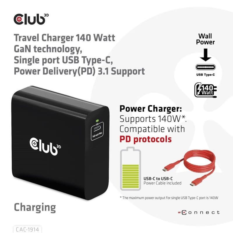 Club3D cestovná nabíjačka USB-C 140W GaN Technológia, 1xUSB-C, podpora PD 3.1 2