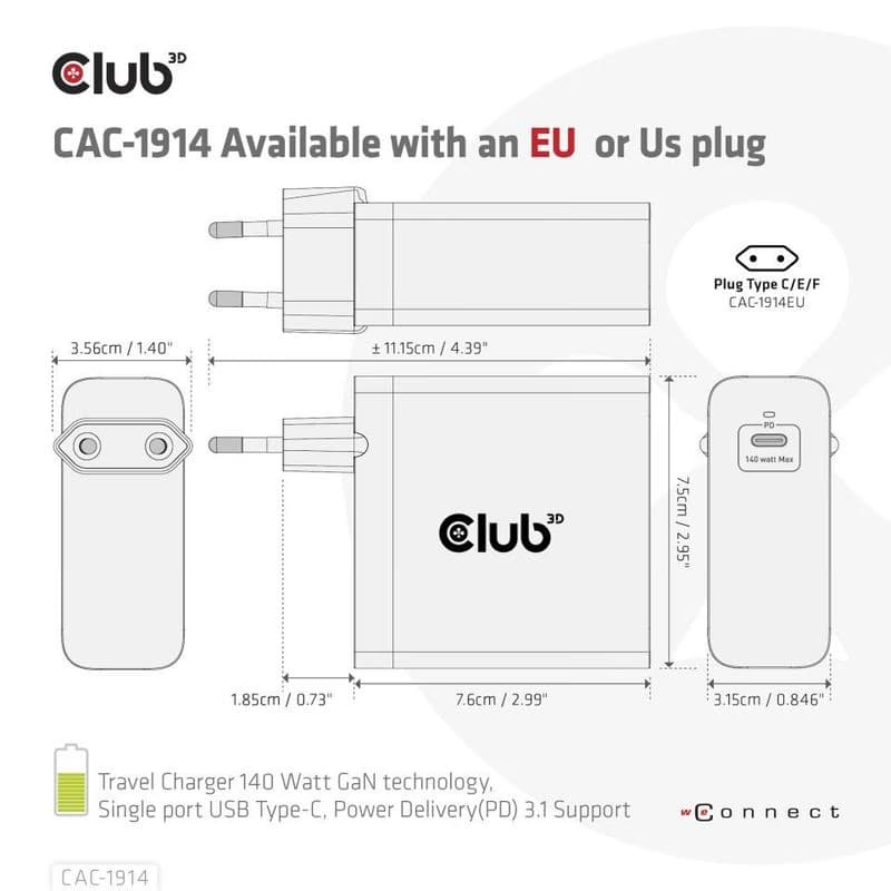 Club3D cestovná nabíjačka USB-C 140W GaN Technológia, 1xUSB-C, podpora PD 3.1 4