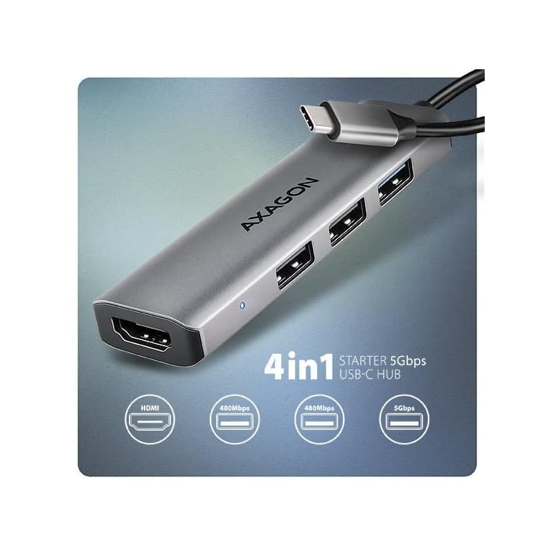 AXAGON HMC-H3A, USB 5Gbps húb, 3x USB-A, HDMI 4k/30Hz, kábel USB-C 15cm 2