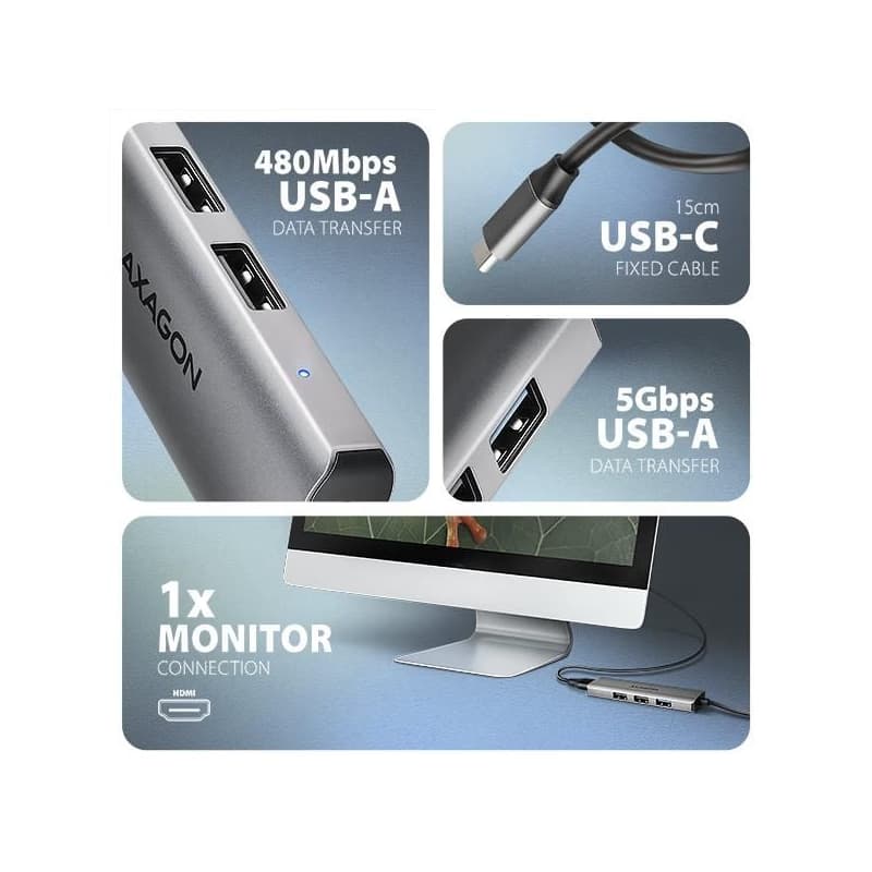 AXAGON HMC-H3A, USB 5Gbps húb, 3x USB-A, HDMI 4k/30Hz, kábel USB-C 15cm 3