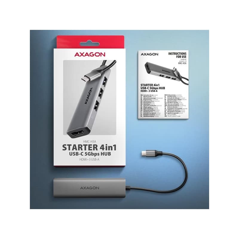 AXAGON HMC-H3A, USB 5Gbps húb, 3x USB-A, HDMI 4k/30Hz, kábel USB-C 15cm 5