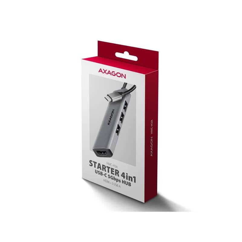 AXAGON HMC-H3A, USB 5Gbps húb, 3x USB-A, HDMI 4k/30Hz, kábel USB-C 15cm 6