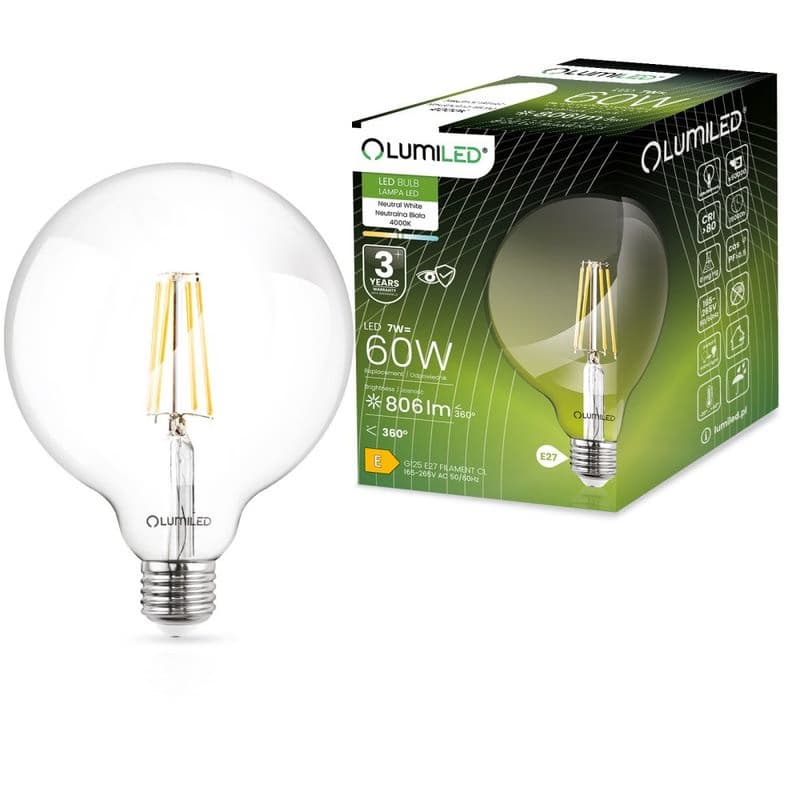 Dekoratívna LED žiarovka E27 G125 7W = 60W 806lm 4000K Neutrálna 360° žiarovka LUMILED globe