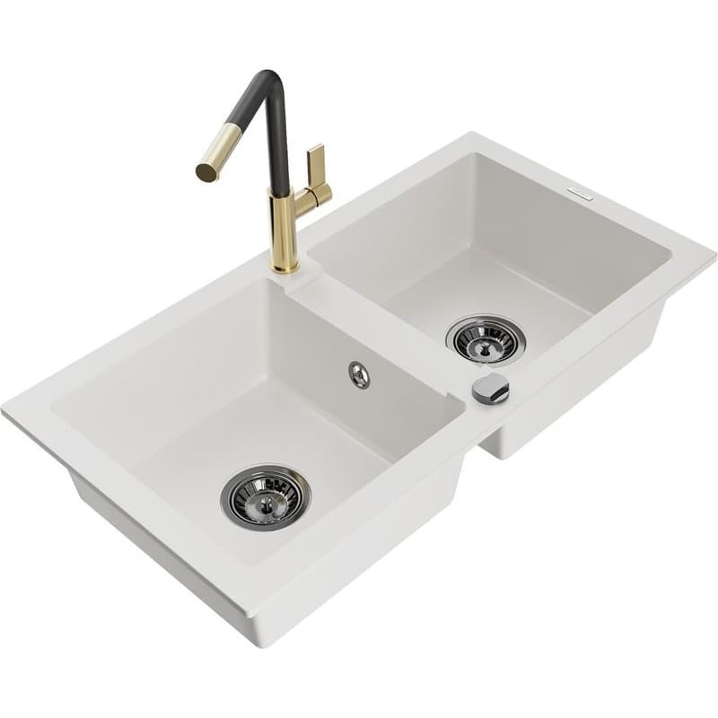 MEXEN/S MEXEN/S - Mario granitový drez 2-bowl vrátane batérie Flora, biela 6504-20-670401-57-B 1