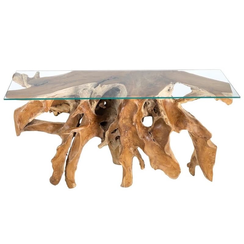 Estila Luxusný masívny konzolový stolík Root s organickou nohou z hnedého teakového dreva a sklenenou doskou 150 cm 1
