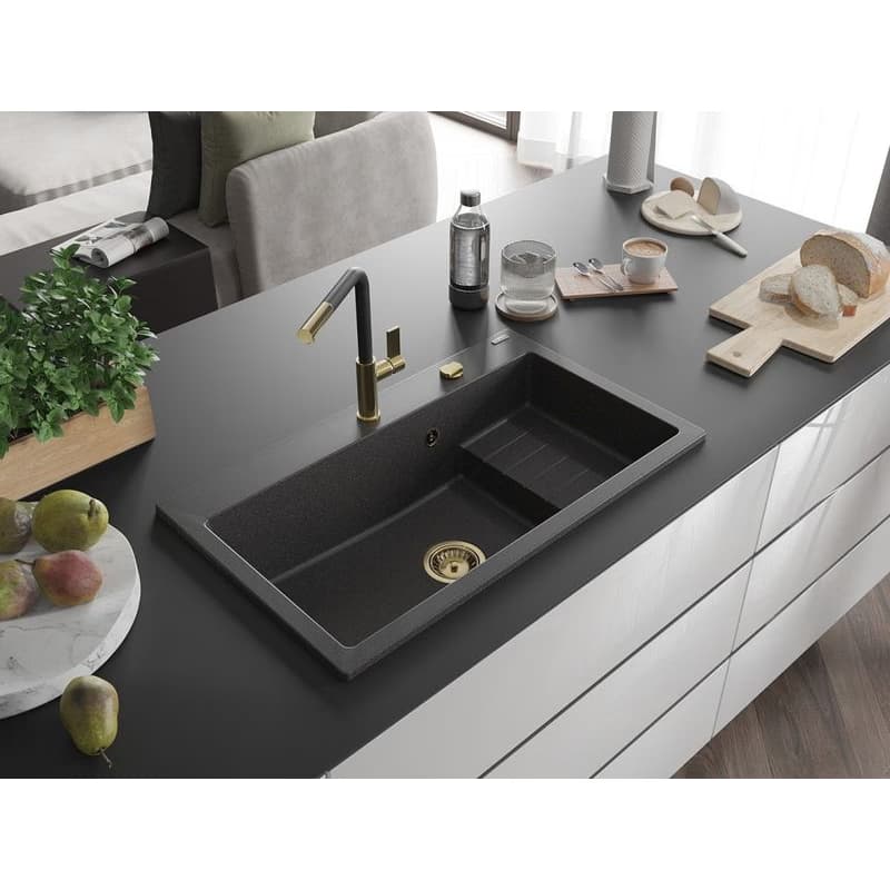 MEXEN/S MEXEN/S - Omar granitový drez 800 x 480 mm, čierna kropenatá, zlatý sifón 6520801005-76-G 2