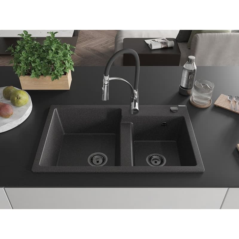 MEXEN/S MEXEN/S - Tomas granitový drez 2-bowl vrátane batérie Aster, čierna kropenatá 6516-76-73450-07-B 3