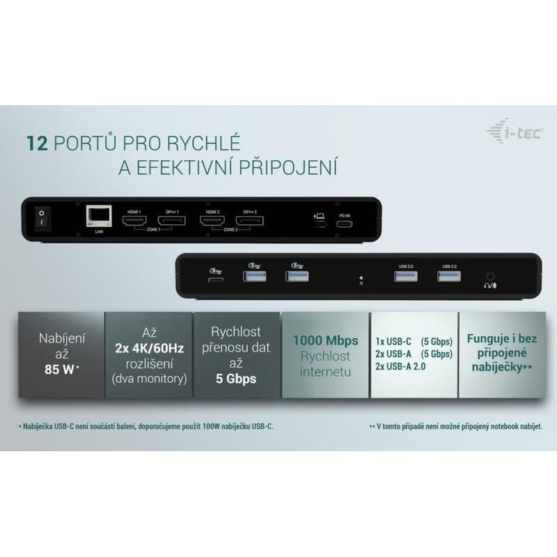 i-tec Universal Dual 4K Display Docking Station, Power Delivery 85W 4