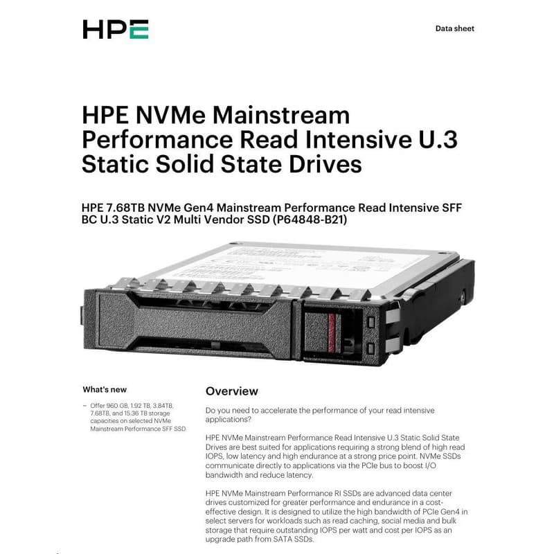HPE 7.68TB NVMe Gen4 Mainstream Performance Read Intensive SFF BC U.3 Static V2 Multi Vendor SSD (6200/3870MBis) 2