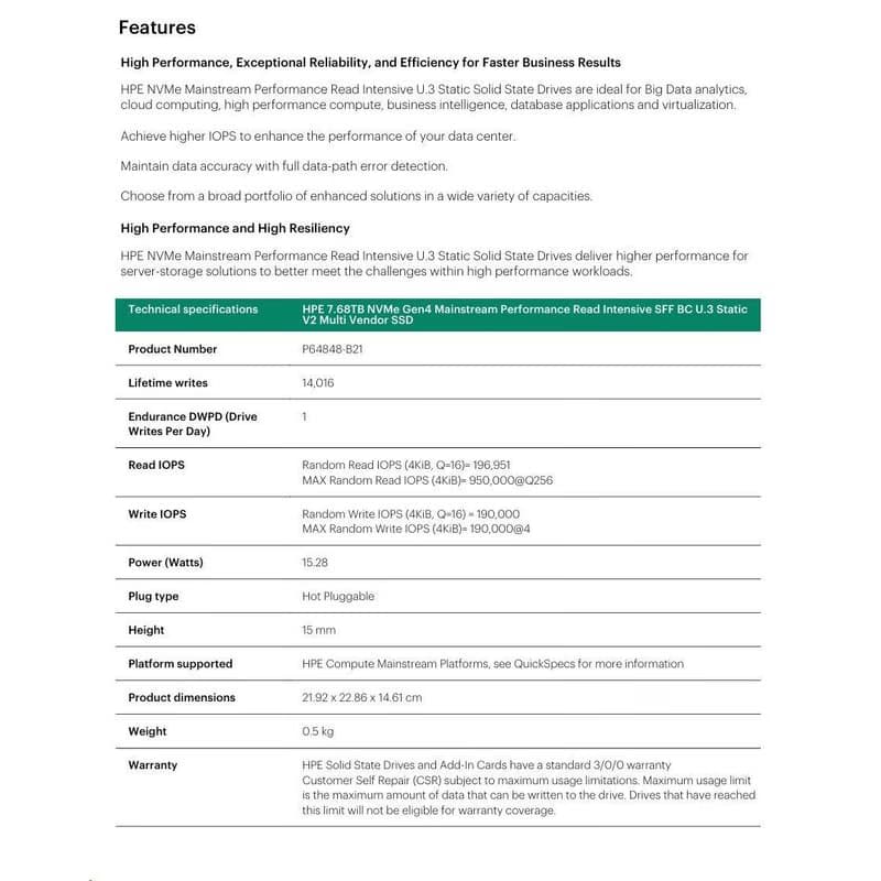HPE 7.68TB NVMe Gen4 Mainstream Performance Read Intensive SFF BC U.3 Static V2 Multi Vendor SSD (6200/3870MBis) 3