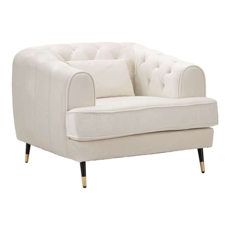 Estila Art deco štvorcové zamatové čalúnené prešívané krémové kreslo Lana s čiernymi nožičkami so zlatými detailmi 93 cm 1