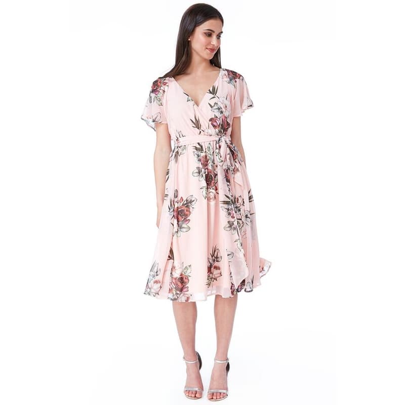Marhuľové šifónové midi šaty s kvetinami Veľkosť: L