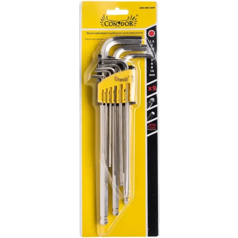 Imbusové kľúče s guľovou koncovkou, predlžené, 1,5-10 mm, 9 ks
