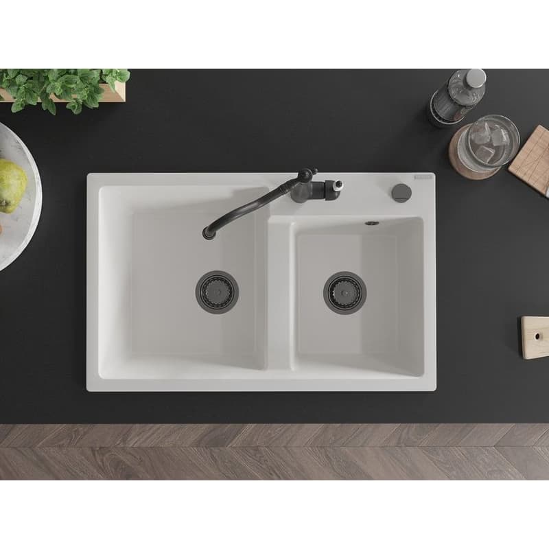 MEXEN/S MEXEN/S - Tomas granitový drez 2-bowl vrátane batérie Carla, biela 6516-20-670700-70 4