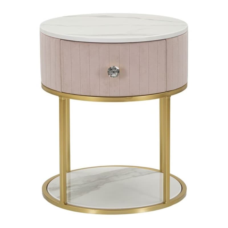 Estila Luxusný glamour ružový okrúhly čalúnený nočný stolík Glamia Tapisé so zásuvkou s bielym mramorom a zlatou konštrukciou 42 cm