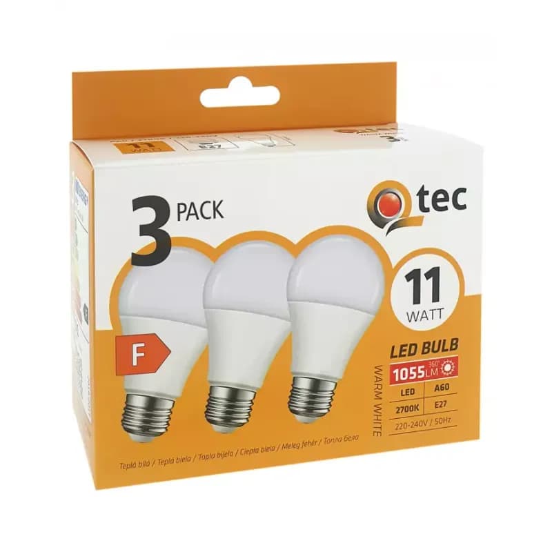 Žiarovka LED QTEC 11W A60 E27 2700K 3PACK